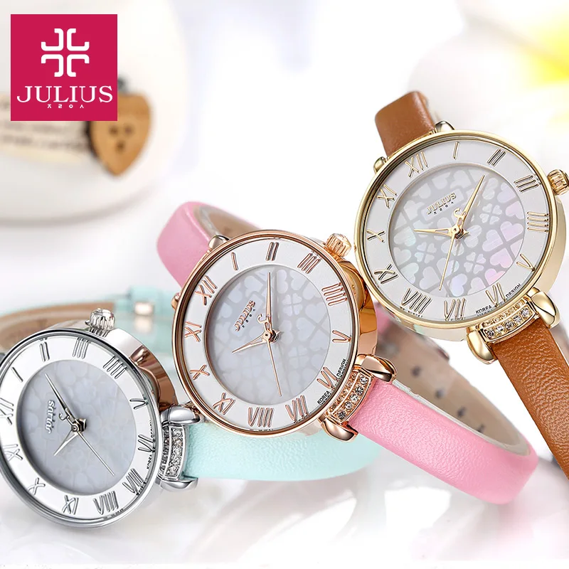 

Mother-of-pearl Lady Women's Watch Fashion Hours Bracelet Shell Four-leaf Clover Real Leather Girl's Birthday Gift Julius Box
