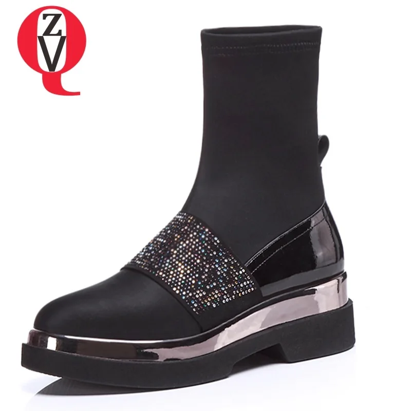 

ZVQ 2018 newest fashion concise round toe high square heel platform slip-on ankle boots winter warm black crystal women shoes