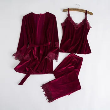 

Floral Trim Nightwear Winter Pajama Pyjama Set New Women Velvet Warm 3PCS Sleepwear Autumn Thick Home Wear Lingerie Suit M-XL