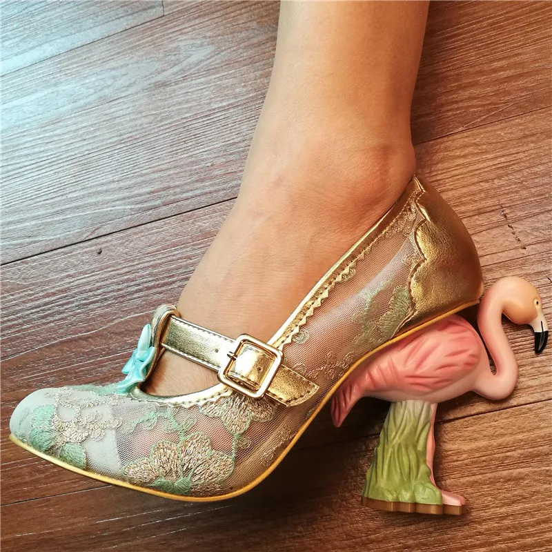 Уникальные свадебные туфли mary jane на каблуке с Фламинго; цвет розовый, зеленый; кружевные туфли с блестками и ремешками; вечерние туфли из сетчатого материала; женские туфли-лодочки
