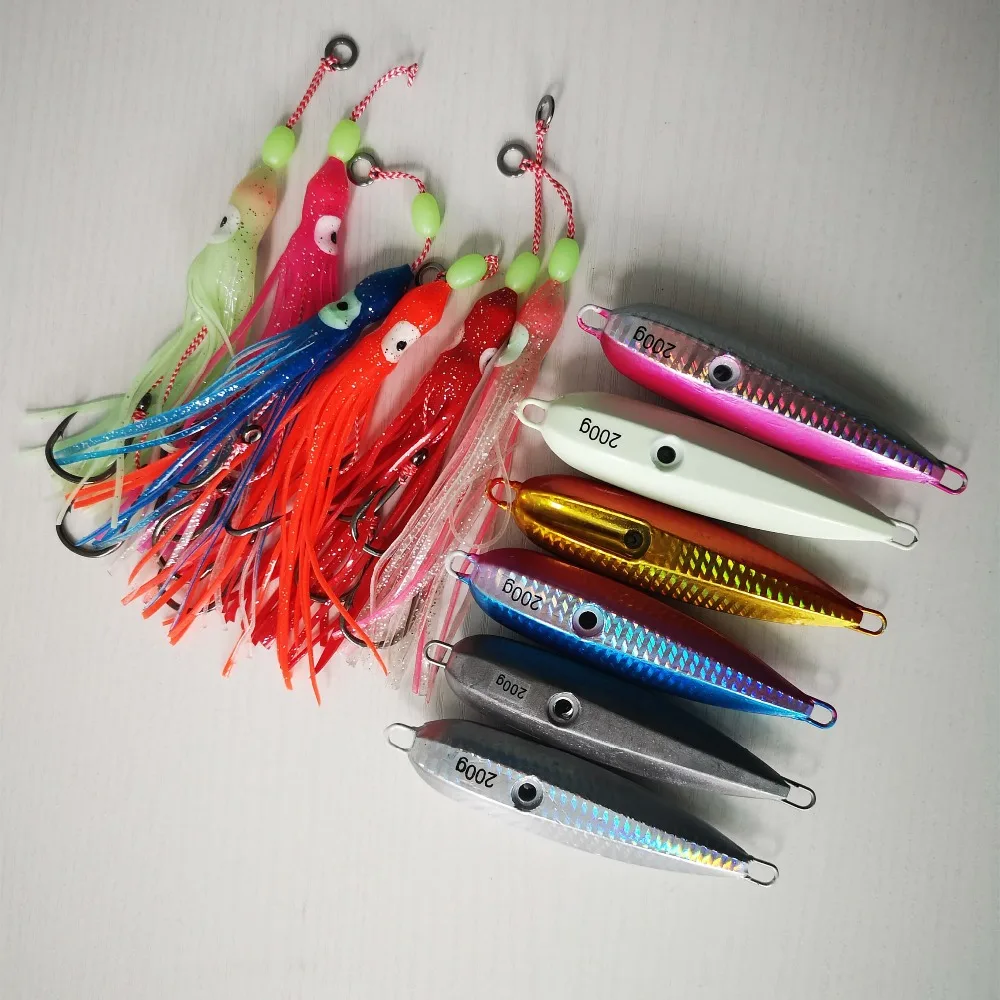 6pcs 200g Luminous Iron JIgs with Inchiku Skirts Offshore Trolling Tuna