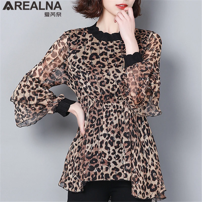 

Women's Tunics Plus Size Chiffon Leopard Blouse Shirt Ruffle Womens Tops and Blouses Blusas Mujer De Moda 2019 Long Sleeve Tunic