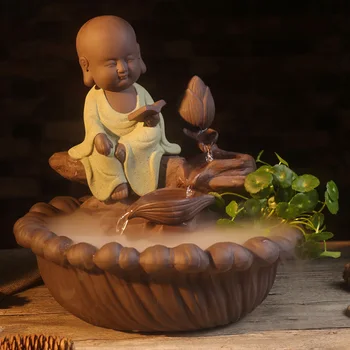 

110/220V Ceramic Pottery Monk Water Fountain Smoke Atomization Home Purifying Air Crafts Office Desktop Decoration Art Fish Tank