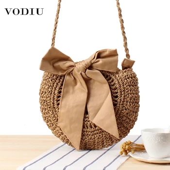 

Beach Straw Bag Women Hangbags Small Hot Sale Woven Round Handbags Simple Round Messenger Bags Top-handle Female Shoulder Bags