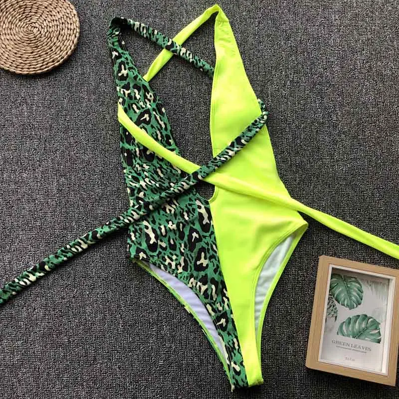 

Sexy None Green Leopard High cut Swimwear 2019 New Push up Women Bathing suit bathers Patchwork Knot Swimsuit Female Summer wear