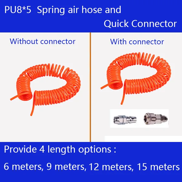 Free shipping PU8*5mm spring air compressor hose and quick detachable connectors, pneumatic hose 6-15M, Air compressor parts