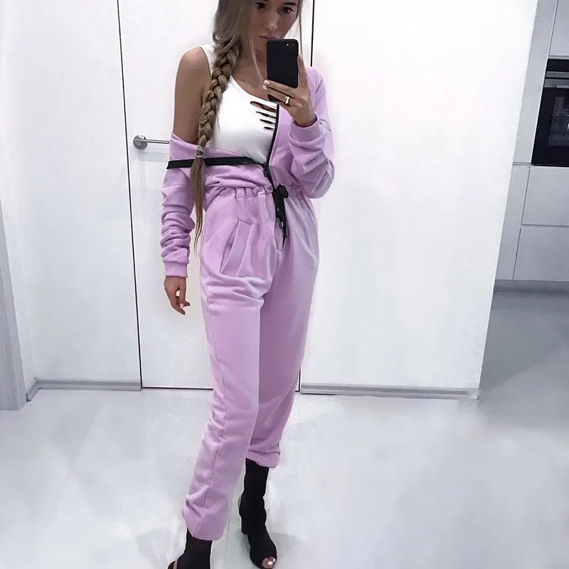 

ZP2019 Tracksuit 2pcs Women Set Hoodies Crop Top Sweatshirt Side Stripe Pants Hooded Two Pieces Sets Women Clothing Suits Female