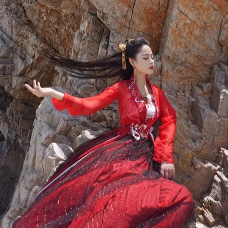 

Red Hanfu For Women Chinese Ancient Costumes Top+Skirt Female Tang Dynasty Clothes For Cosplay Performance Stage Costumes BL1544