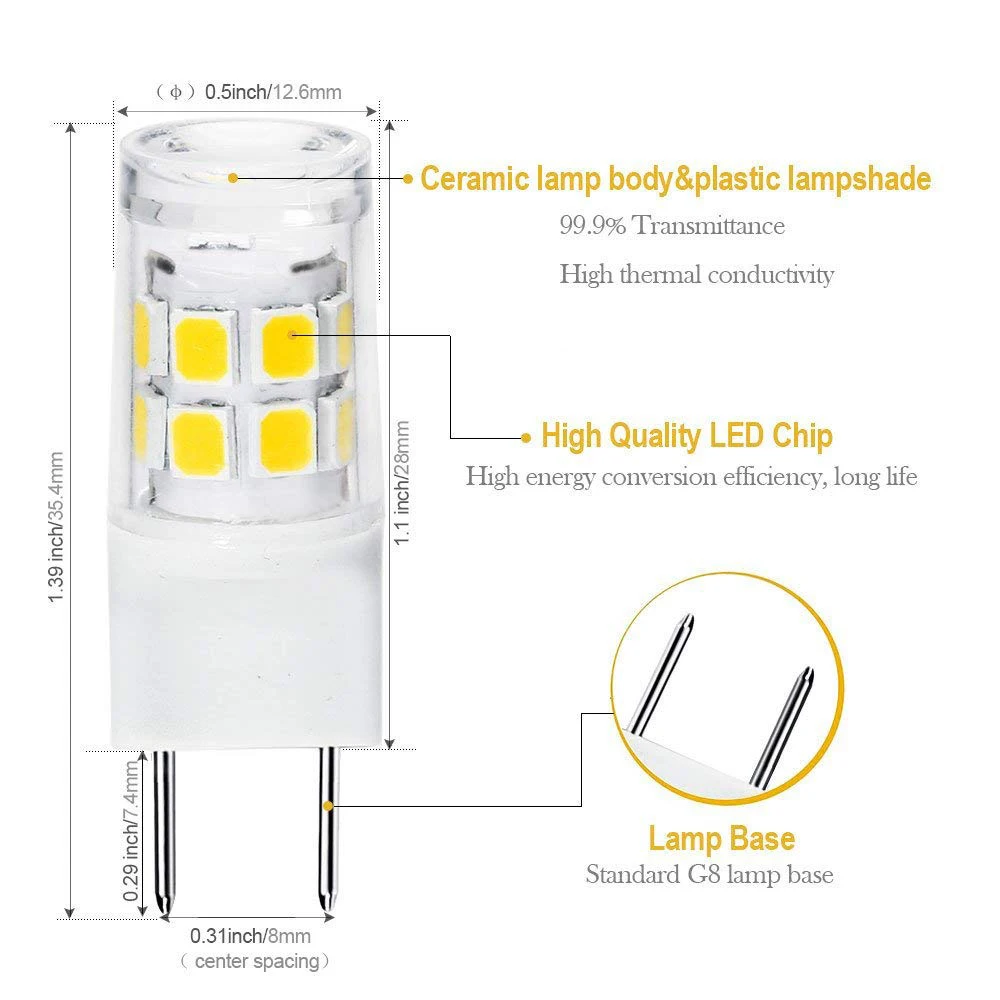 BIFI-LED G8 Light Bulb GY8.6 Bi-pin Base LED Not Dimmable T4 Xenon JCD Type 120V (5-Pack) (G8 3W) | Освещение