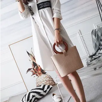 

LJL Women's Solid Straw Bucket Bag Tote Handbags Shoulder Bags Big Handbags Top Handle Straw Bag(Khaki)