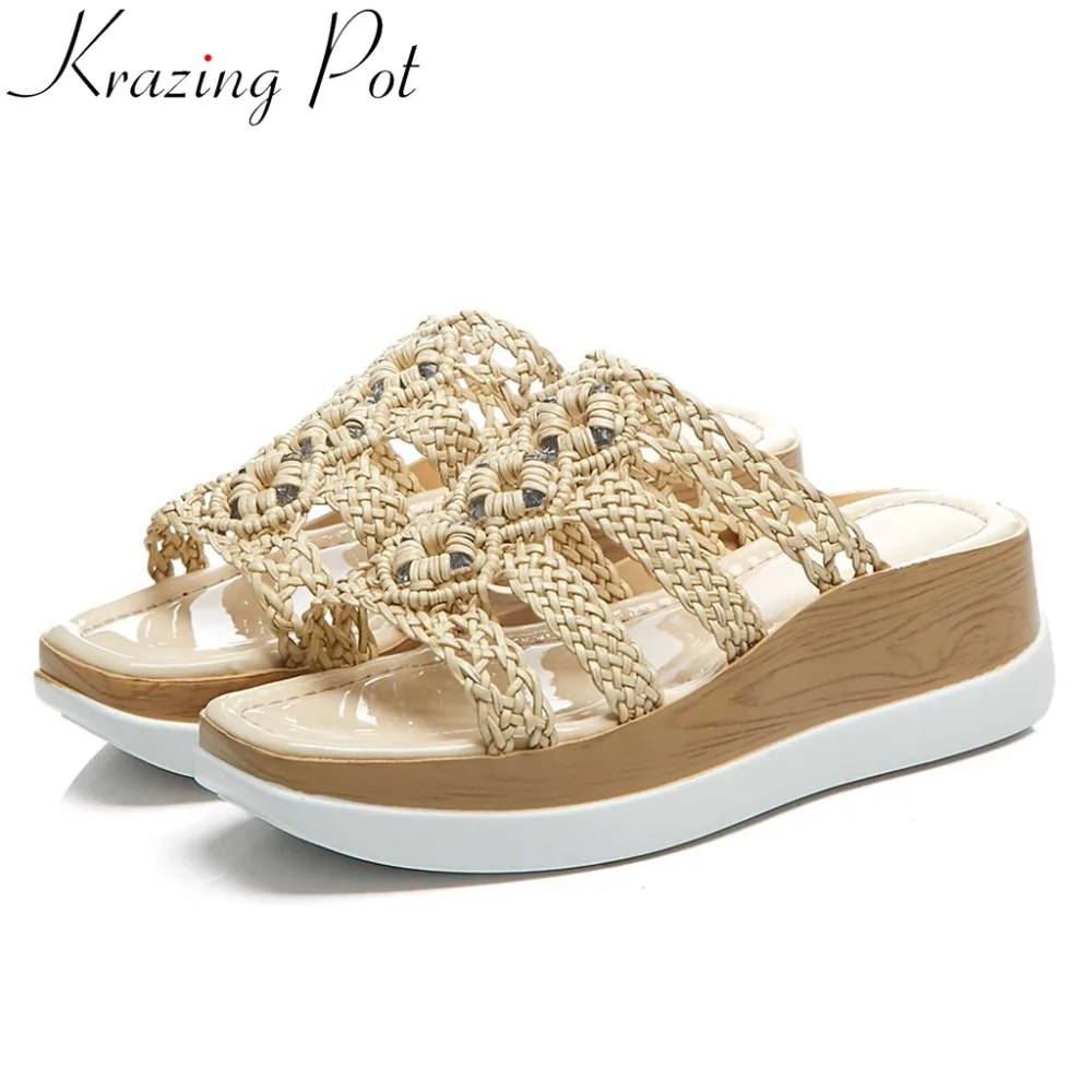 

Krazing Pot vintage retro European mules wedges med bottom peep square toe party dating daily wear handmade weaving sandals L68