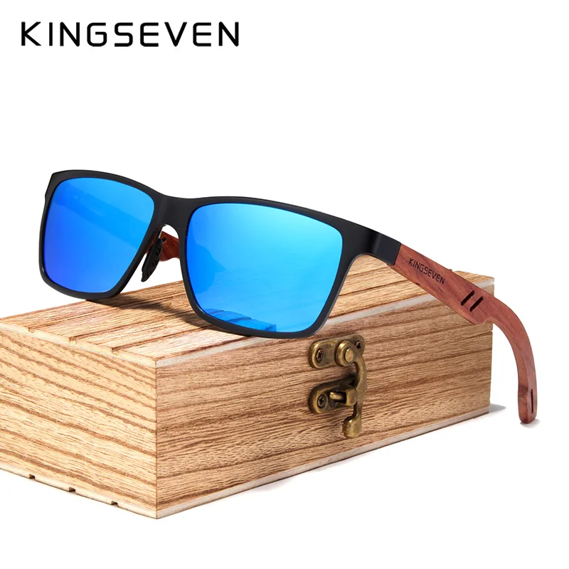 KINGSEVEN Ретро женские очки Новые брендовые дизайнерские солнцезащитные очки мужские винтажные алюминиевые+ деревянные солнцезащитные очки для мужчин с деревянным футляром - Цвет линз: Blue Bubinga Wood