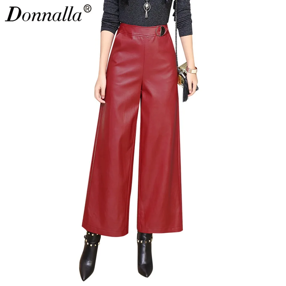 Donnalla Autumn And Winter Women Pu Leather Pants Red Wide Leg Pants