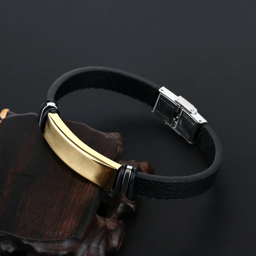 

2019 Charm Jewelry Black Smooth Glossy Stainless Steel Leather Bracelet Men Vintage Cuff Wristband Bracelets for Women pulseras