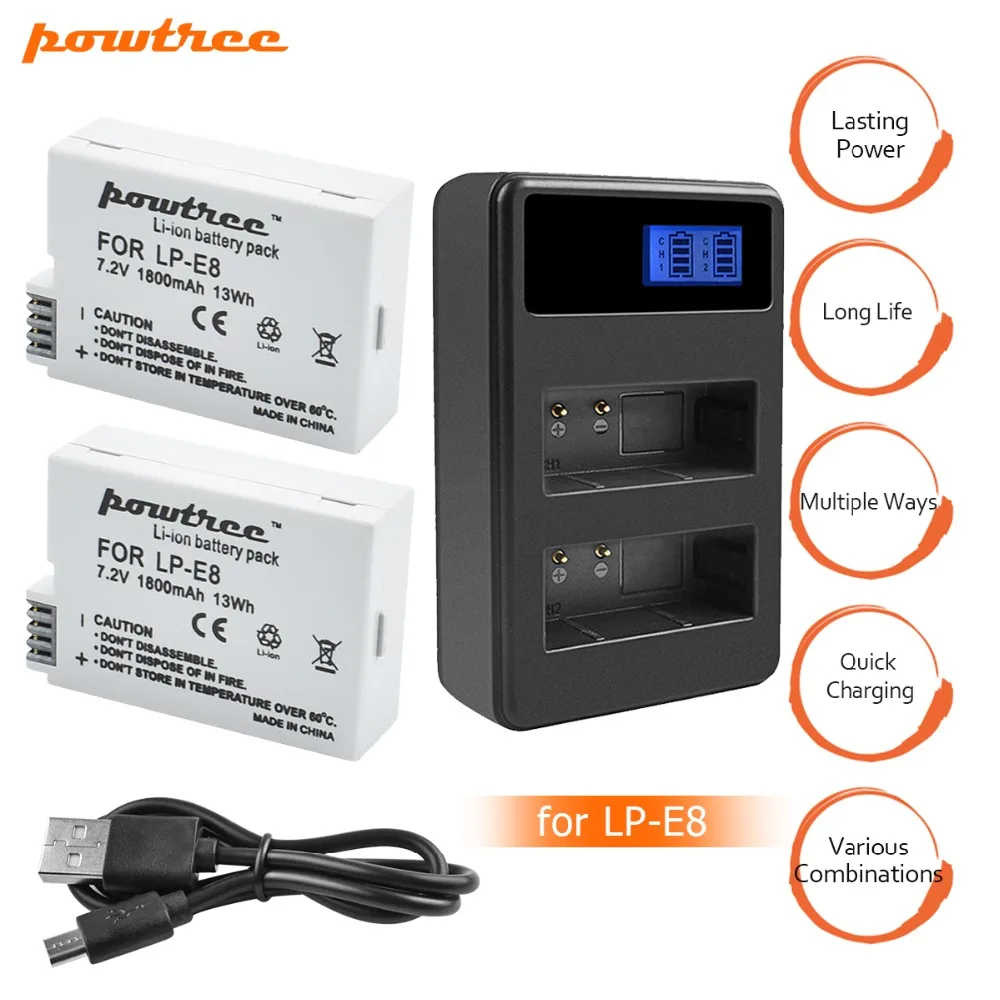 Powtree 1800 мА/ч, LP-E8 LPE8 LP E8 Батарея AKKU+ USB Dual Зарядное устройство для цифровой однообъективной зеркальной камеры Canon EOS 550D 600D 650D 700D X4 X5 X6i X7i T2i T3i