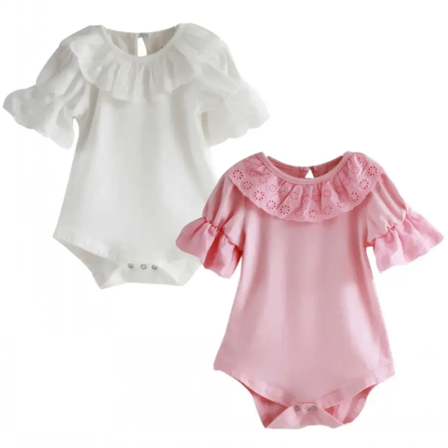 Flower Lace Collar Infant Toddler font b Baby b font Girls Short Sleeve Solid Bodysuit Jumpsuit