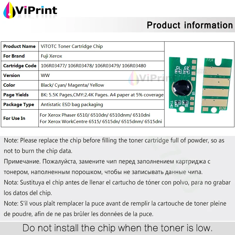 106R03480 106R03477 106R03478 106R03479 Toner Cartridge Chip For Xerox Phaser 6510 6510dn WorkCentre 6515n Powder Reset Refill
