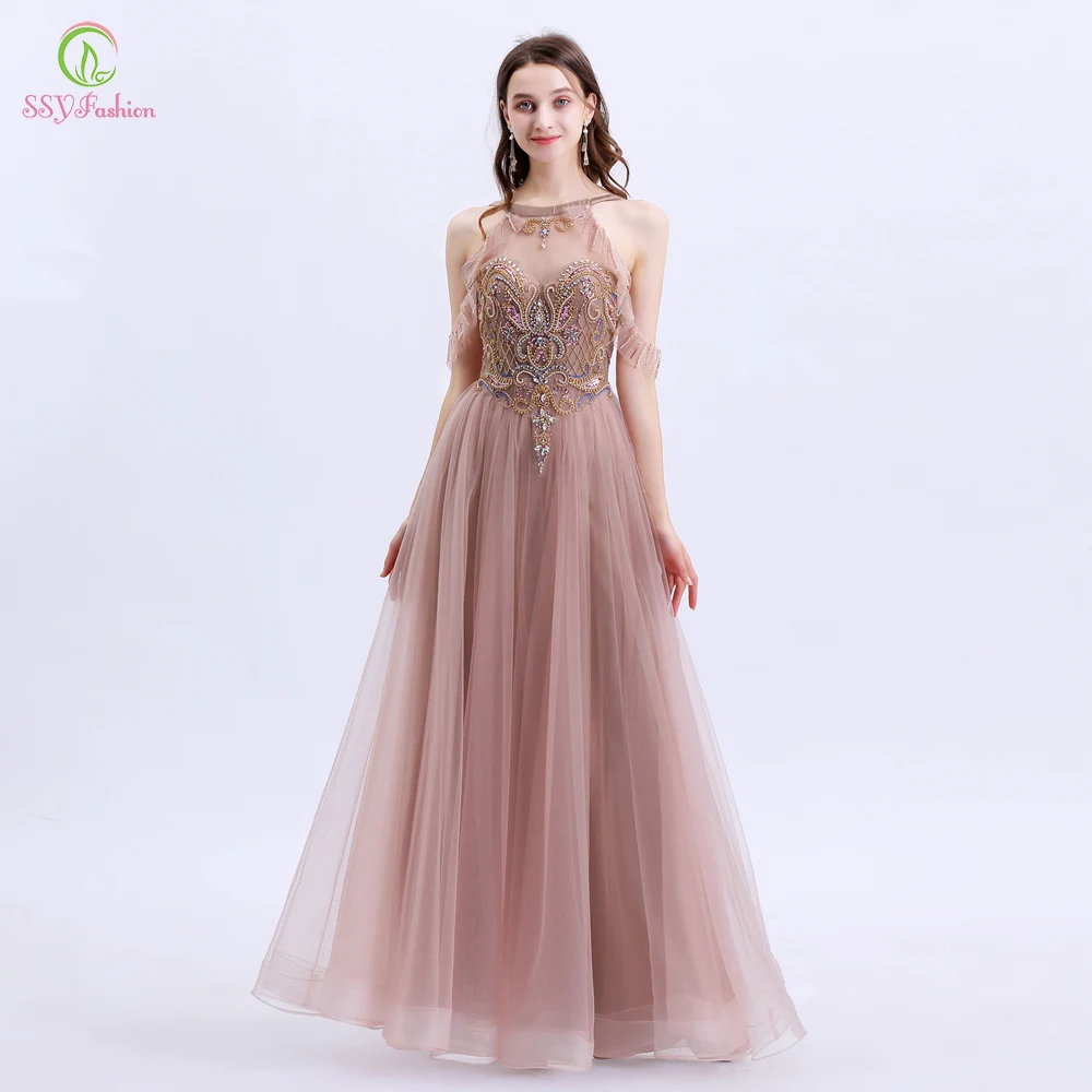 

SSYFashion New Luxury Evening Dress Women Banquet Elegant Halter Floor-length Sequins Beading Prom Formal Gown Vestido De Noche