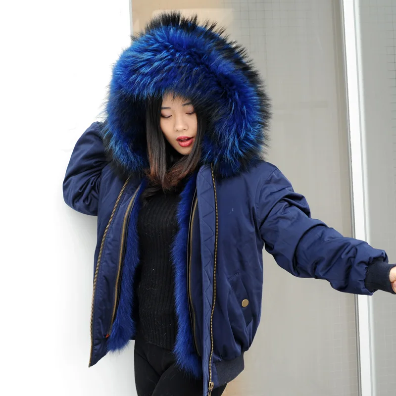 

CX-G-P-19K 2018 New Fashion Women Girl Real Fox Fur Thick Lining Raccoon Fur Collar Bomber Jacket