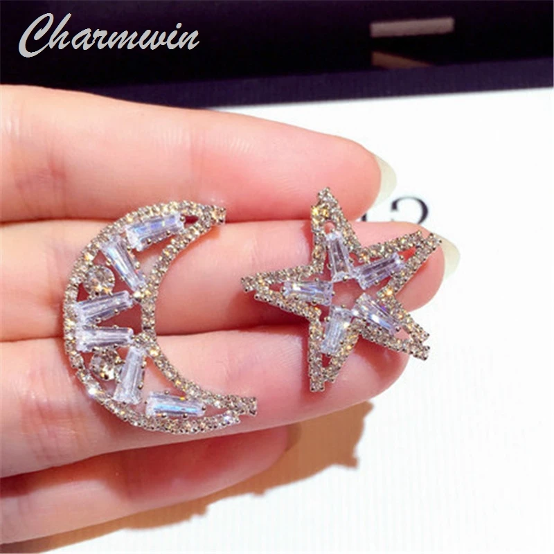 

New Silver Needle Stud Earrings For Women Earrings Silver Color Rhinestones Stars Moon Asymmetric Earrings Fashion Jewelry