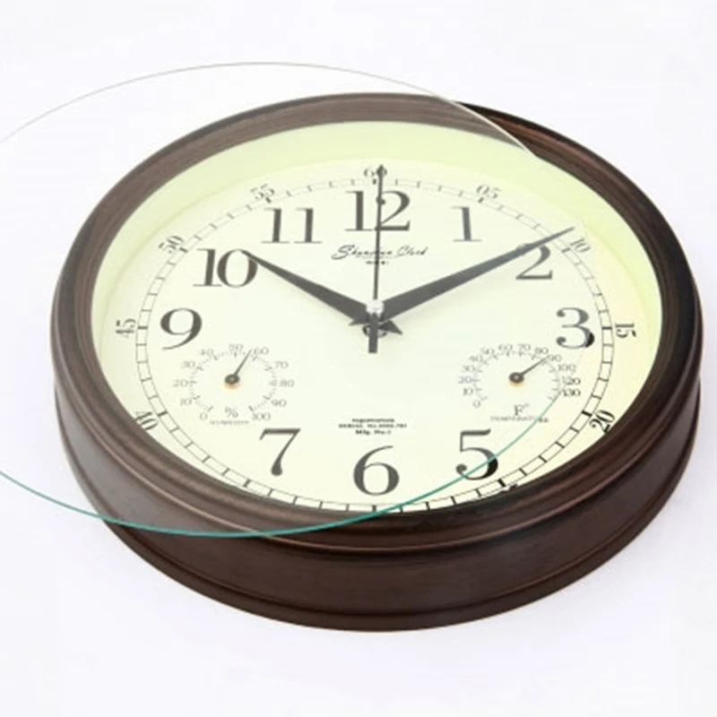 Brown 22.5 cm Indoor//Outdoor Silent Wall Clock Thermometer and Hygrometer Non-Ticking Clock for Bathroom Kitchen Bedroom