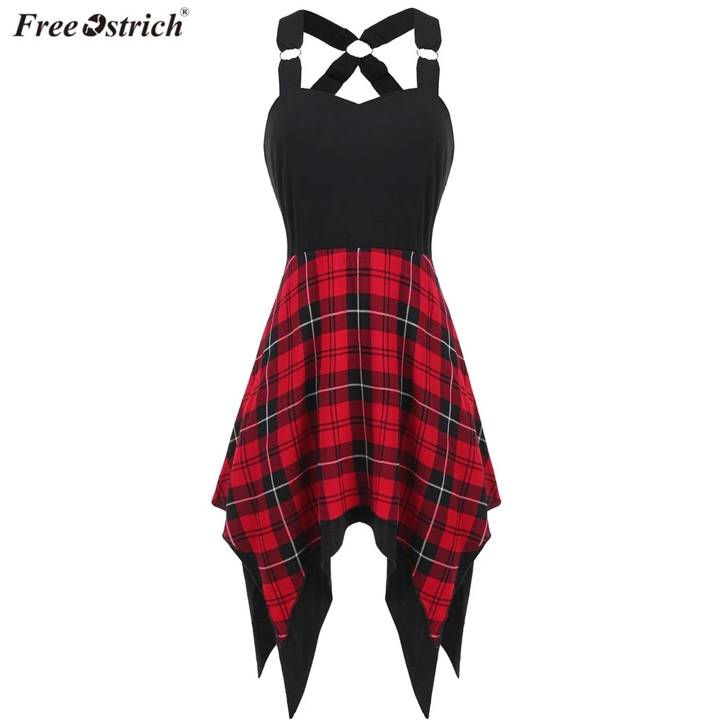 

FREE OSTRICH 2019 Fashion summer dress Women Sleeveless Rings Backless Plaid Patchwork Irregular Strap Dress
