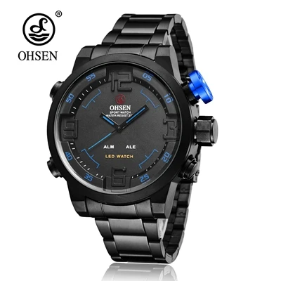 Новые цифровые кварцевые мужские повседневные часы Ohsen со стальным ремешком, черные модные военные водонепроницаемые мужские наручные часы relogio masculino - Цвет: Black blue