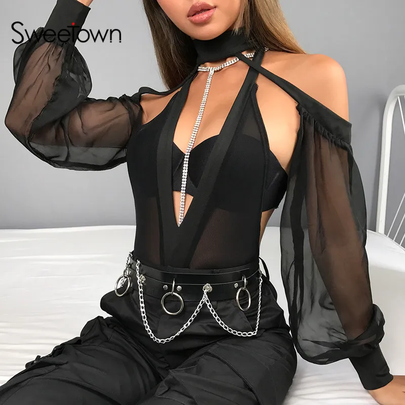 Sweetown الأسود بوهو ارتداءها عارية الذراعين ديب V الرقبة الجوف خارج مثير شاطئ رومبير فانوس كم إمرأة قمم و البلوزات داخلية