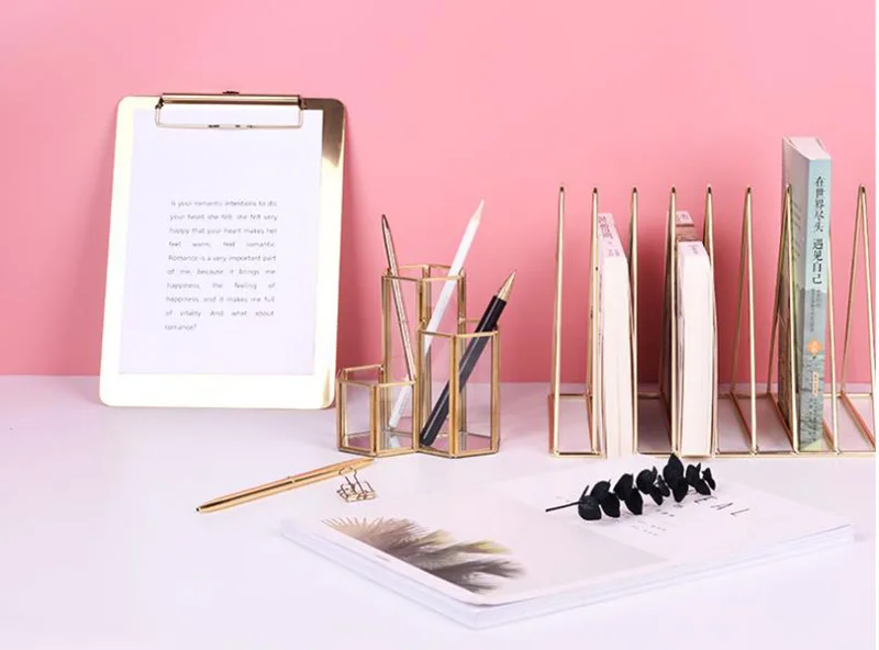 Нордический Sytle Золотой держатель ручки латунь + стекло геометрический модульный письменный стол для хранения косметики коробка