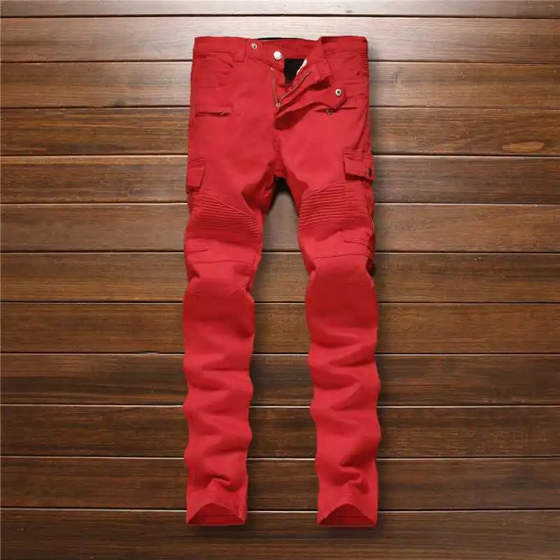

#3242 2016 Red jeans men Fashion Motorcycle pants Skinny Distressed jeans for men Famous brand Mens biker jeans Denim pants
