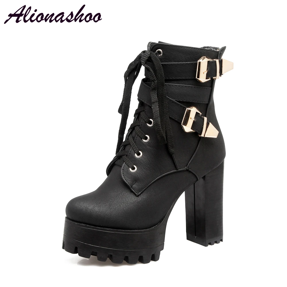 Tanie Jesienne buty damskie zimowe damskie buty na co dzień Martin buty damskie Pu skórzane botki masywne szpilki na wysokim obcasie Plus rozmiar 15 50