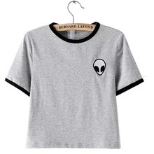 Женская футболка, новинка, модная повседневная футболка в полоску с принтом инопланетянина, короткий рукав, дешевая качественная футболка, vestidos de festa T014