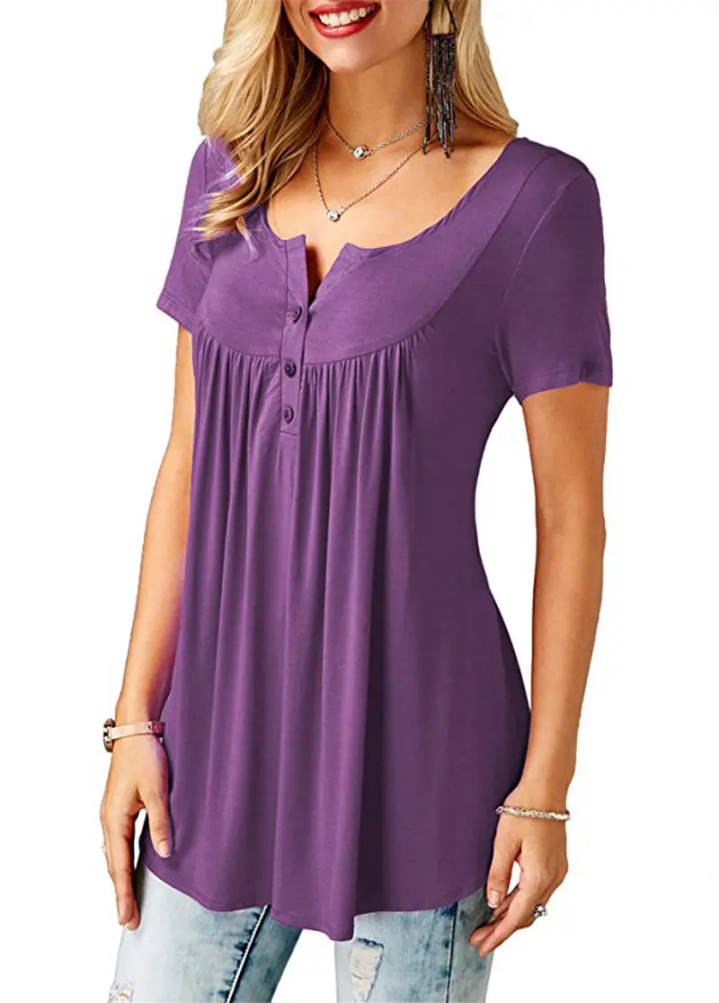 Women'S Summer Casual Short Sleeve T-Shirts Ruffle Button Up Split Neck Blouse Tunic Top Female 2018 Fashion Solid Loose Tees (14)