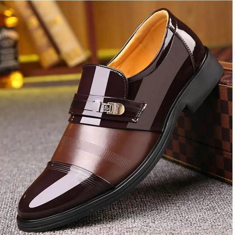2018 New Brand Men Formal Shoes Slip On Pointed Toe Patent Leather 