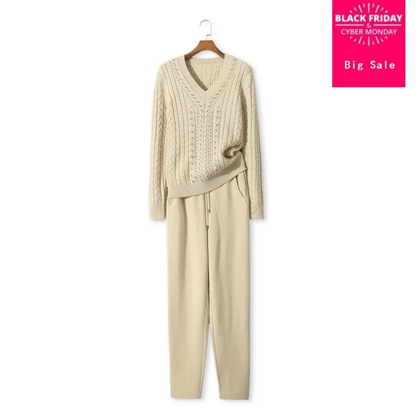 

2019 winter Woolen and Cashmere diamond beading Knitted warm Suit Sweater + Mink Cashmere Trousers Leisure Two-piece wj1661