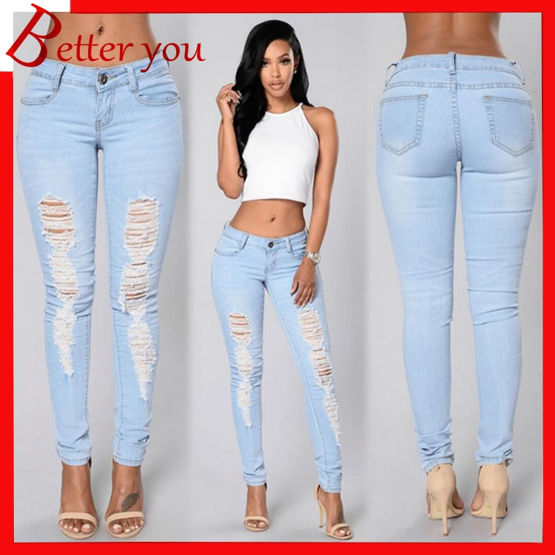 

New spring summer fashion hole jeans pencil pants women's trousers ripped casual high waist jeans