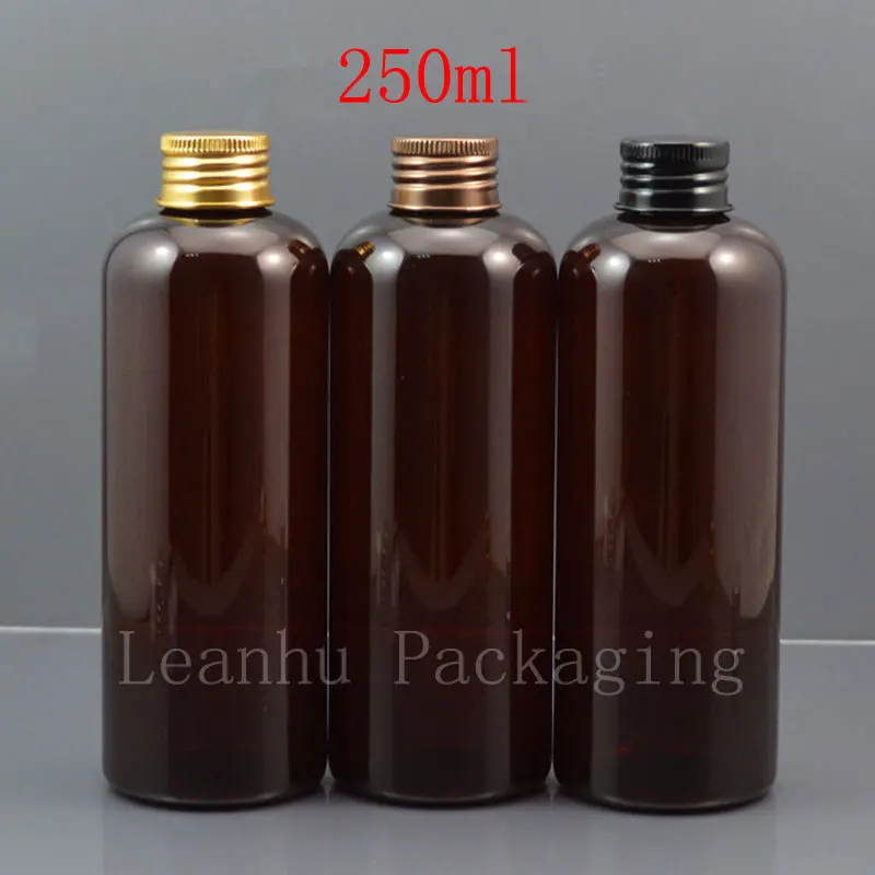 Download 250ml X 25 brown PET cosmetic bottle with gold / bronze / black aluminum screw cap 250cc ...