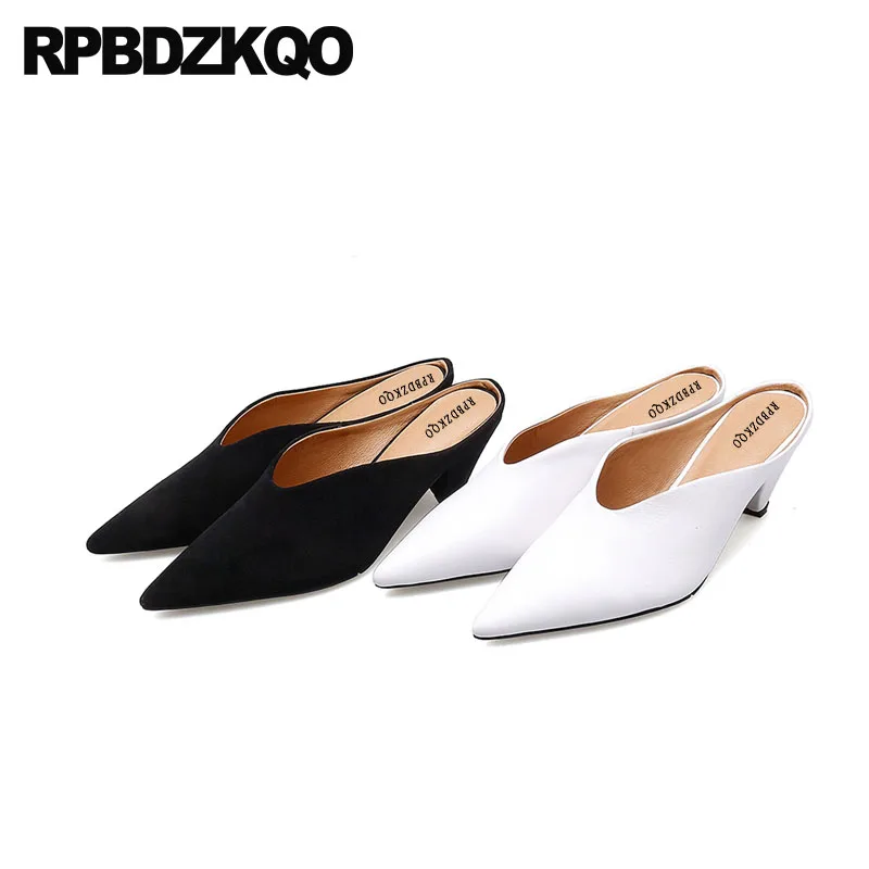 

Runway Pointed Toe European Designer Shoes Sandals Size 4 34 Medium Heels Ladies Strange Novelty Brand Mules Slipper 2018 Chunky