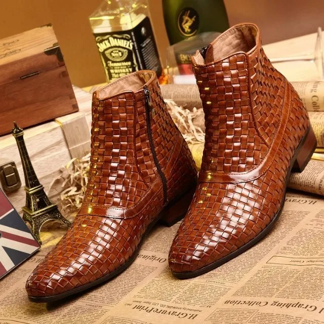 LANSHITINA Fashionable new authentic winter men short boots woven genuine leather boots shoes