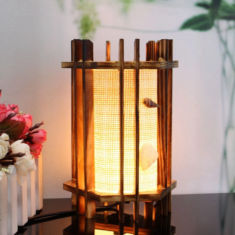 Warm Light Vintage Antique Wooden Seashells Table Lamp Table Light For Bedroom Living Room Desk Lamp With Cable