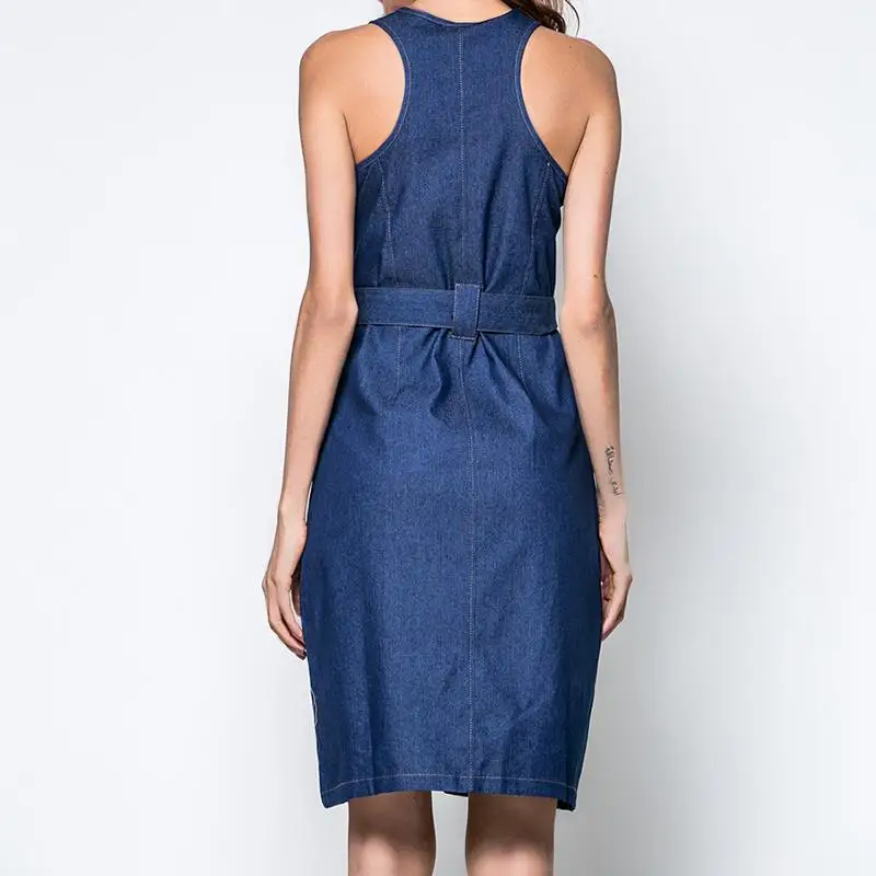 2018 Fashion Jeans Dress Women Summer Dresses Sexy Round Neck Sleeveless Blue Zipper Denim Tank Dress Streetwear WS5683O