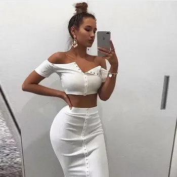 

2 piece set women Dress White Off shoulder Crop Tops and Skirt Set Knee length summer tops for women 2018 tracksuit outfit sets