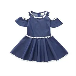 Модное джинсовое платье принцессы с короткими рукавами и открытыми плечами для маленьких девочек, 4,17