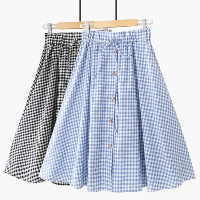 

Mori Girl A Line Skirt Mid Skirts Female Vintage Buttons Plaid Saias Elegant Leisure Skirt School Girls Casual Skirts Harajuku