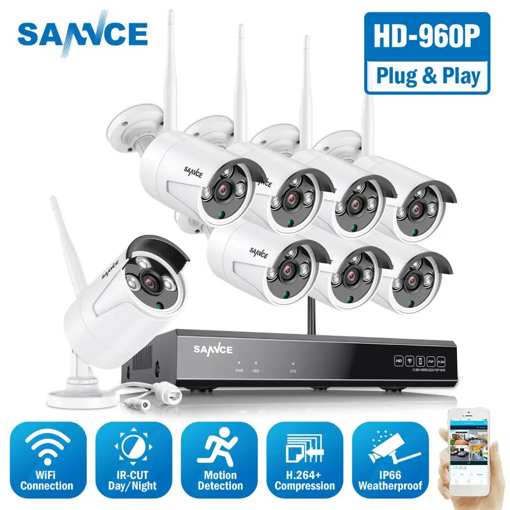 SANNCE 960P 8CH Wireless Security Camera System 8PCS IP66 Weatherproof Indoor Outdoor Wifi Cameras Plug-and-Play Wi-fi CCTV Kit SANNCE 960P 8CH Wireless Security Camera System 8PCS IP66 Weatherproof Indoor Outdoor Wifi Cameras Plug-and-Play Wi-fi CCTV Kit