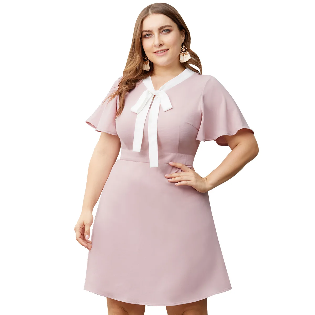 

Originally Womens Work OL Dress Fashion Bowknot V-neck 2019 Summer Ladies Office Mini Dress Plus Size 3XL Female A-line Vestidos