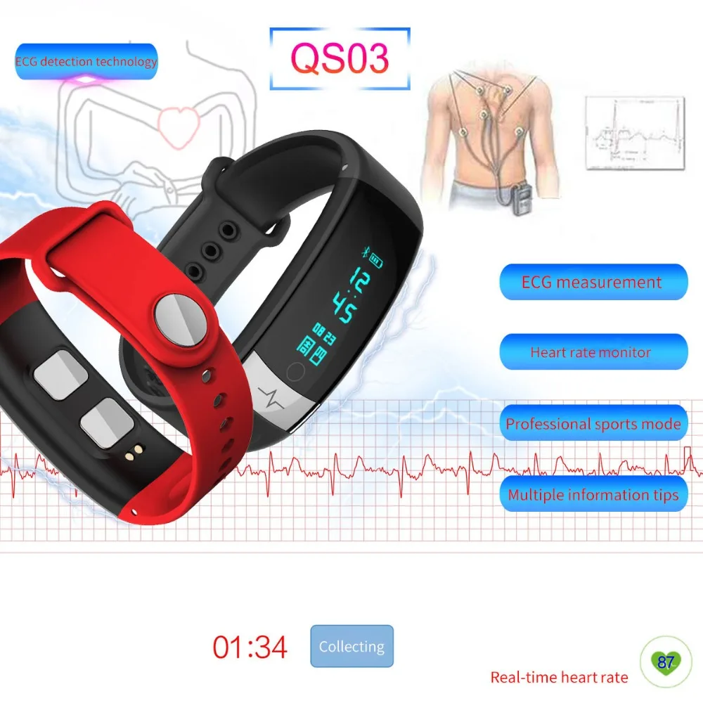

Timethinker QS03 Smart Bracelet Fitness Tracker Wristband ECG Watch Reloj Smart Band Heart Rate Monitor IP67 PK for honor band 4