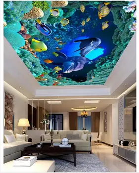

Custom Photo Wallpaper 3d zenith murals HD Ocean World Dolphin Ceiling wallpaper Ceiling Fresco Living room wall decoration