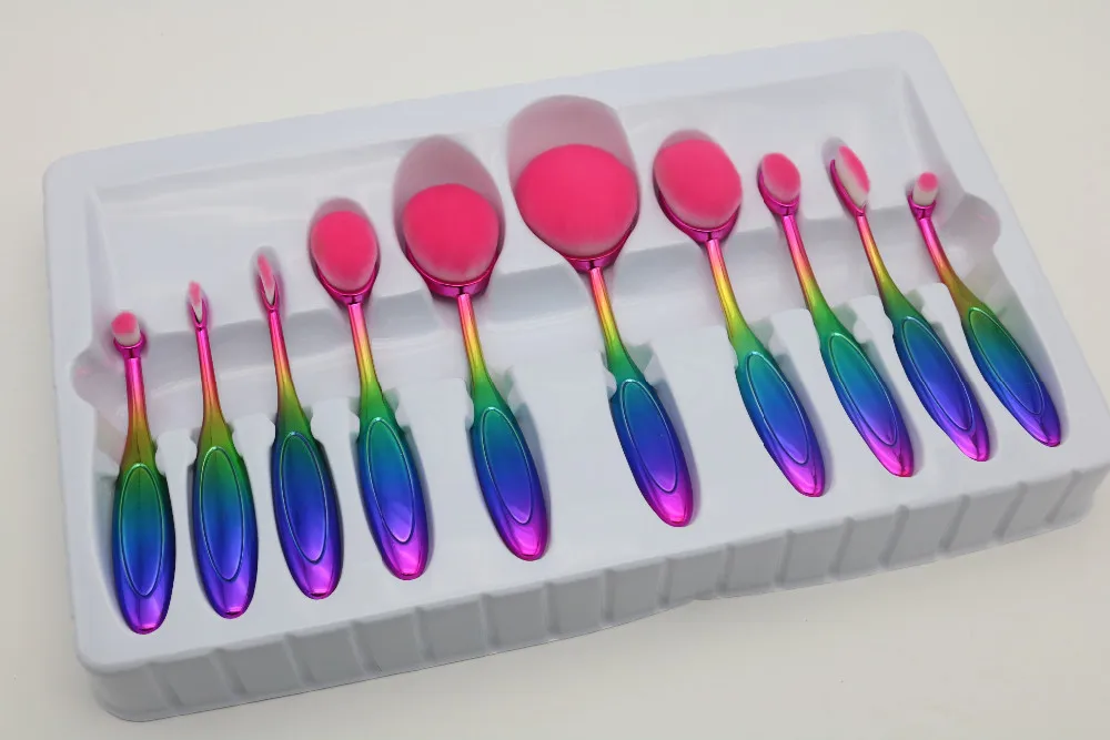 Top Quality Gift Box 10PCS Makeup Brush Rainbow Oval Make UP Brush Set
