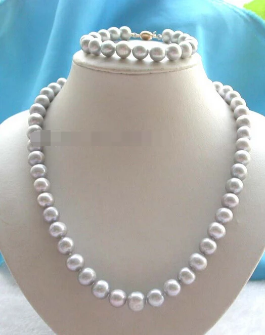 

free shipping 12561 Genuine Natural Gray Round Pearl Necklace Bracelet set (A0423)
